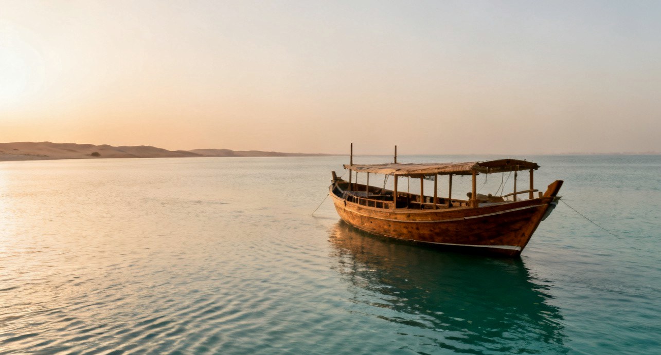 A traditional pearling dhow at dawn